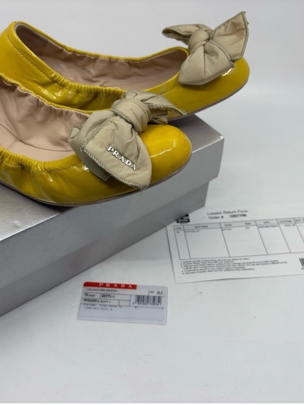 Prada Yellow Patent Leather Bow Ballet Flats - Picture 2 of 8